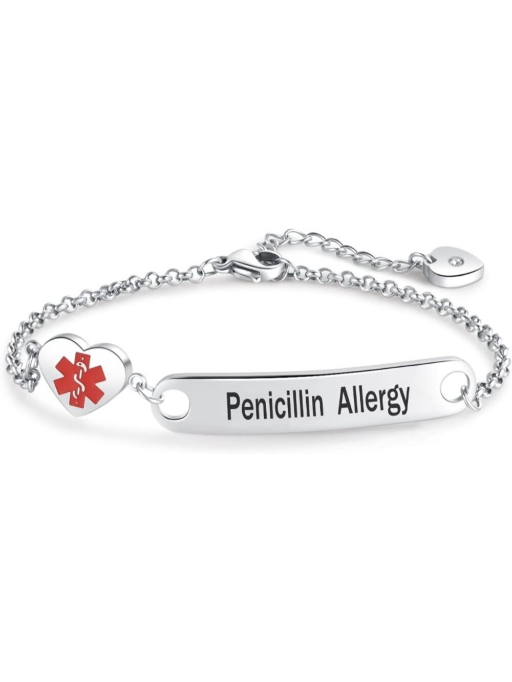Women's Penicillin Allergy Heart Medical Alert Stainless Steel Chain Bracelet